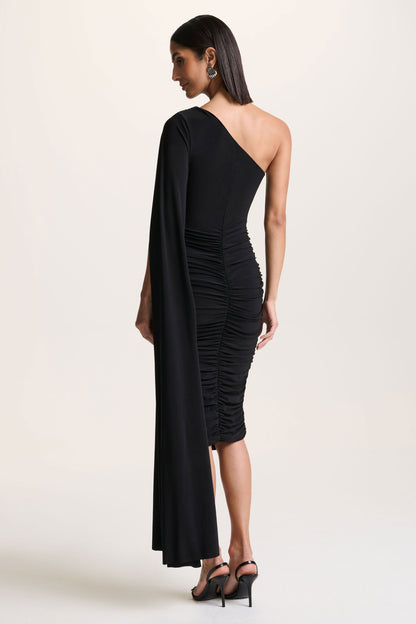 Yara | Black One Shoulder Cape Ruched Midi Dress