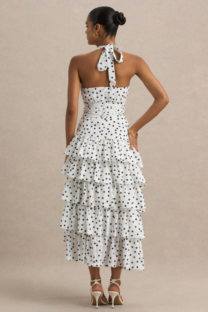 Violet | White Polka Dot Midi Dress With Halter-Neck and Ruffled Skirt