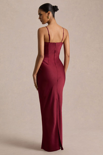 Yoli | Burgundy Satin Maxi Dress With Removable Twist-Cape