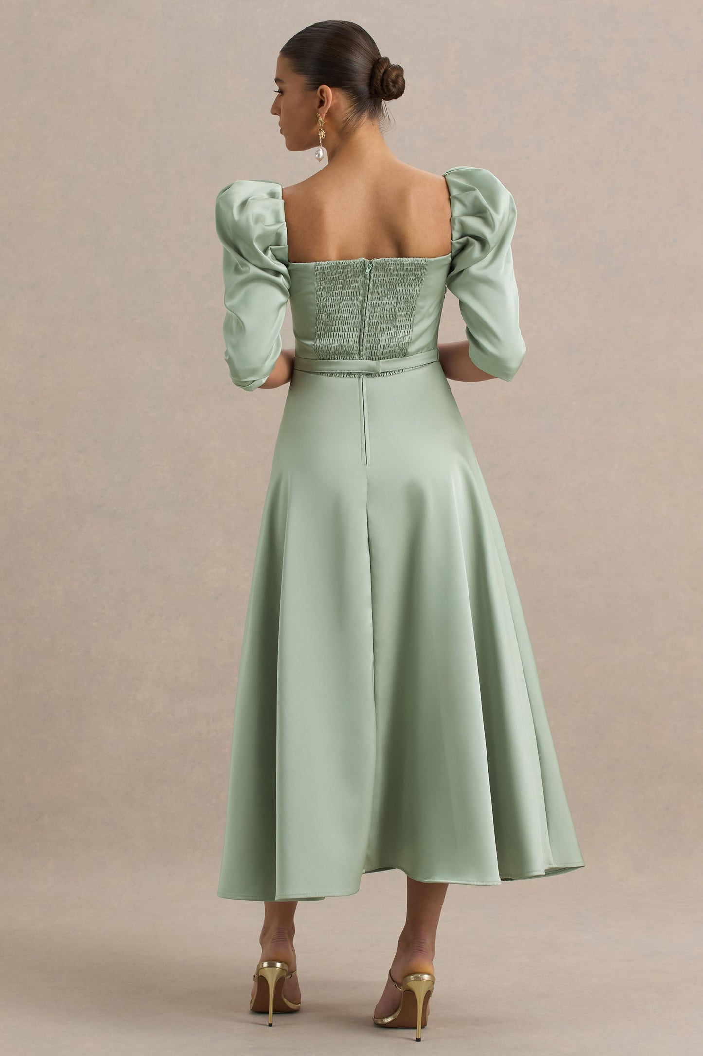 Rosey | Green Satin Sweetheart Midi Dress
