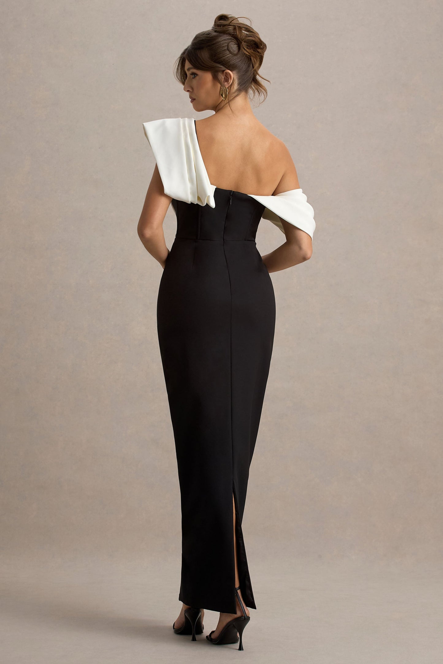 Angelina | Black & White Draped Shoulder Maxi Dress