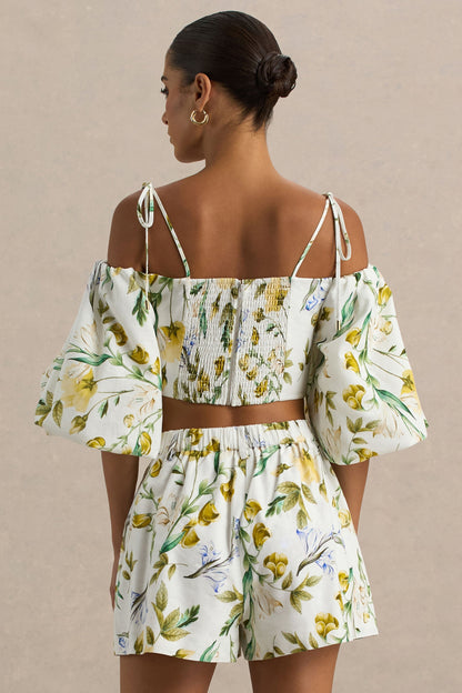 Amberly | White Linen Botanical Print Plunge-Neck Ruffled Crop Top