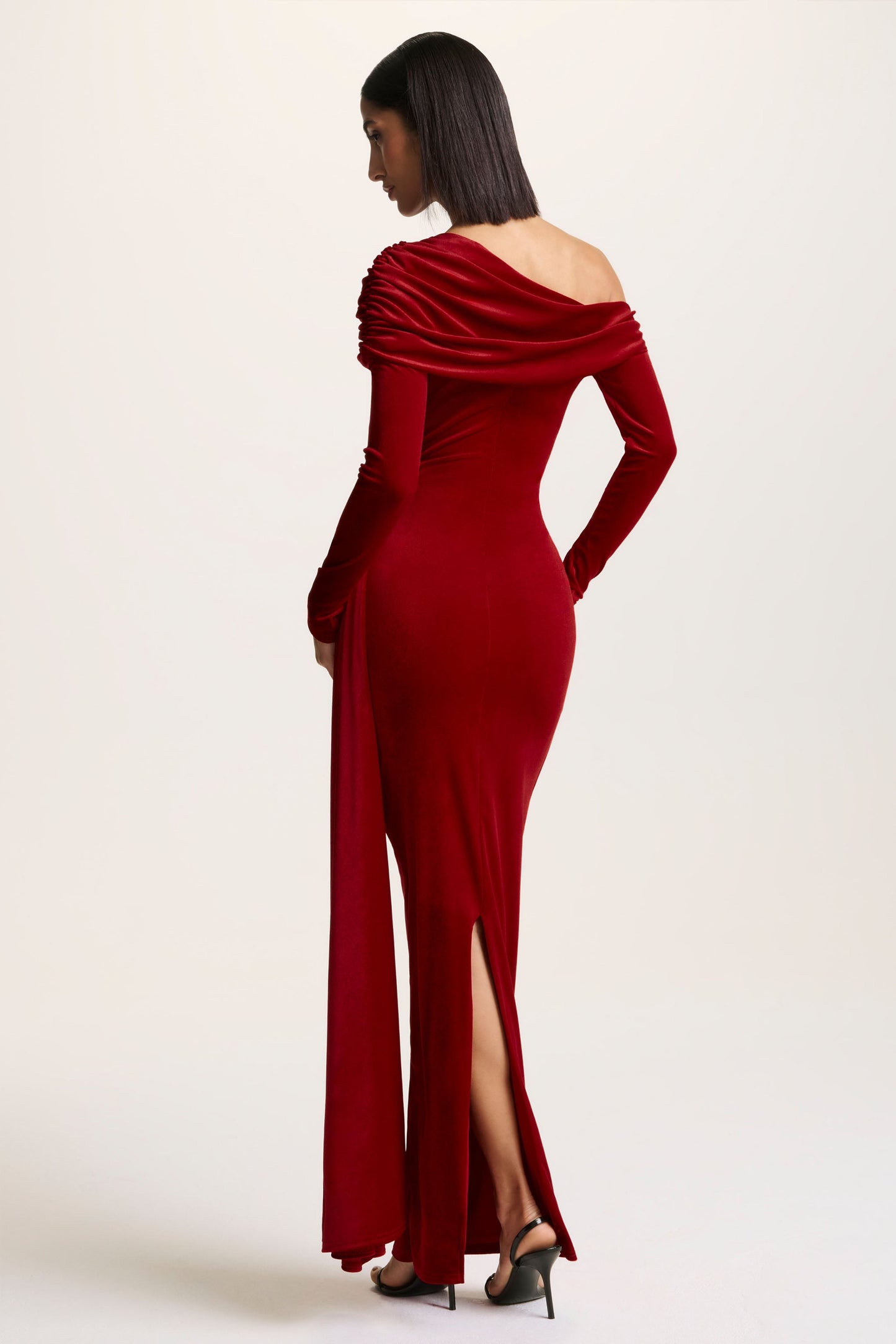Hadria | Red Velvet Asymmetric-Neck Maxi Dress With Sash-Detail